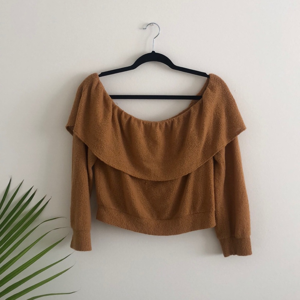 Brown Off Shoulder Cropped Sweater